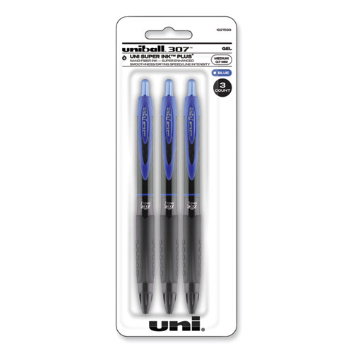 Image of Uniball® 307 Gel Pen, Retractable, Medium 0.7 Mm, Blue Ink, Blue Barrel, 3/Pack