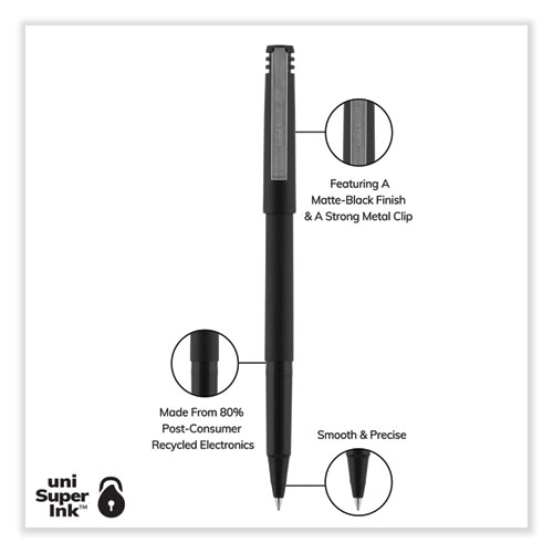 Image of Uniball® Roller Ball Pen, Stick, Micro 0.5 Mm, Black Ink, Black Barrel, 72/Pack