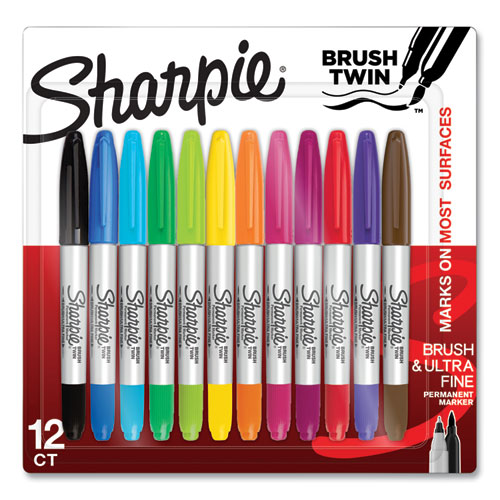 Brush Tip Permanent Marker, Twin Tip, Ultra-Fine Needle/Broad Brush Tips, Assorted Colors, 12/Pack