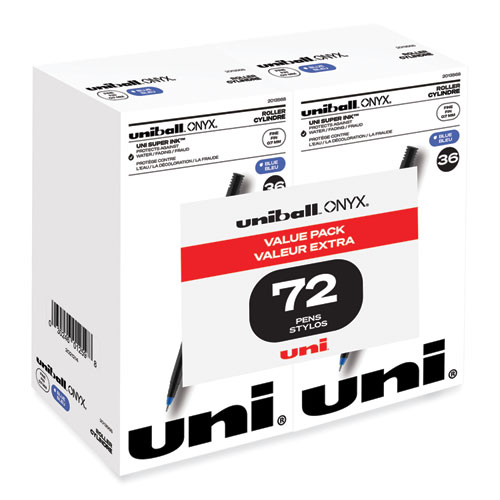 Uniball® Onyx Roller Ball Pen, Stick, Fine 0.7 Mm, Blue Ink, Black Matte Barrel, 72/Pack