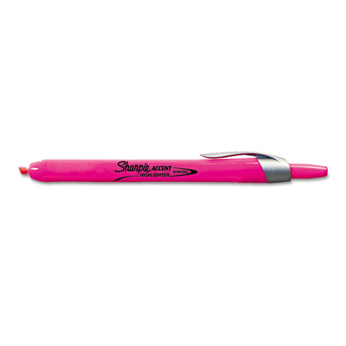 Retractable Highlighters, Fluorescent Pink Ink, Chisel Tip, Pink/Black Barrel, Dozen