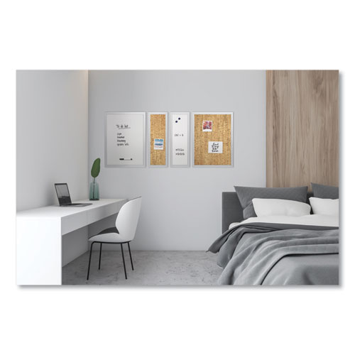 Positive Flow Metallic Silver Message Board Sets, (2) Bulletin, (2) Magnetic Dry Erase, Assorted Sizes, Silver Frames