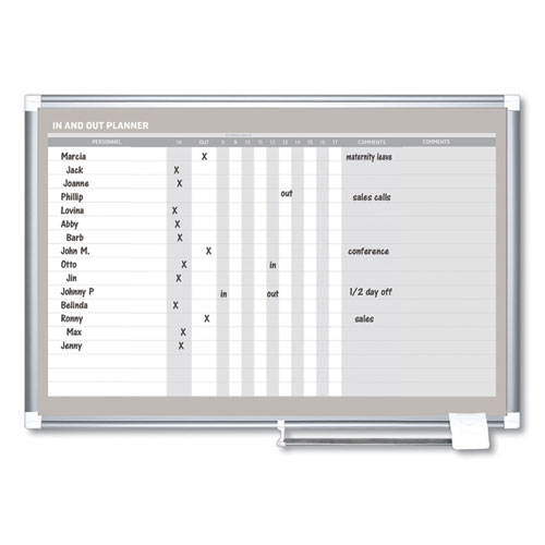 In-Out Magnetic Dry Erase Board, 18-Person Tracking, 36" x 24", White Surface, Satin Aluminum Frame