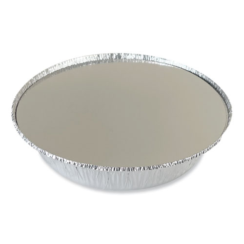 Image of Boardwalk® Round Aluminum To-Go Containers With Lid, 48 Oz, 9" Diameter X 1.66"H, Silver, 200/Carton