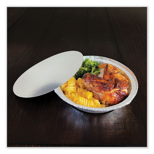 Image of Boardwalk® Round Aluminum To-Go Containers With Lid, 24 Oz, 7" Diameter X 1.47"H, Silver 200/Carton