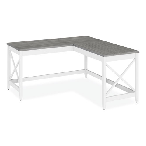 Workspace By Alera® L-Shaped Farmhouse Desk, 58.27" X 58.27" X 29.53", Gray/White