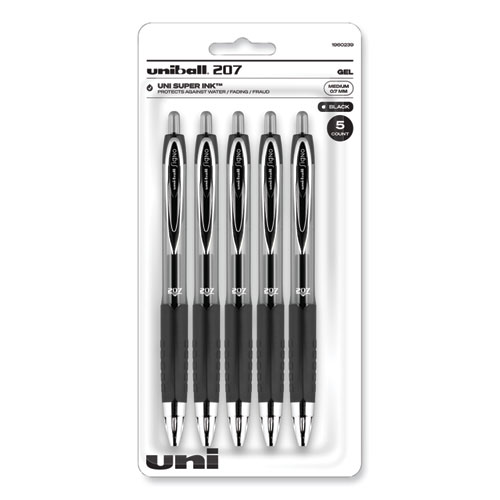 Signo 207 Gel Pen, Retractable, Medium 0.7 mm, Black Ink, Clear/Black Barrel, 5/Pack