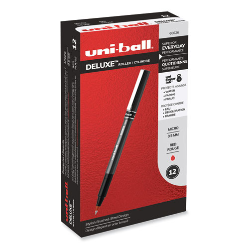 Uniball® Deluxe Roller Ball Pen, Stick, Micro 0.5 Mm, Red Ink, Metallic Gray Barrel, Dozen