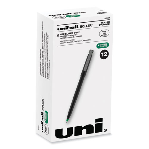 Uniball® Roller Ball Pen, Stick, Fine 0.7 Mm, Green Ink, Black Matte Barrel, Dozen