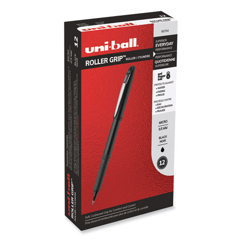 Uniball® Grip Roller Ball Pen, Stick, Micro 0.5 Mm, Black Ink, Black Barrel, Dozen
