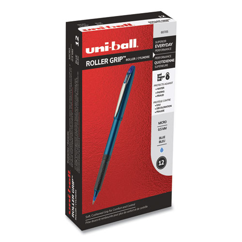 Uniball® Grip Roller Ball Pen, Stick, Micro 0.5 Mm, Blue Ink, Blue Barrel, Dozen