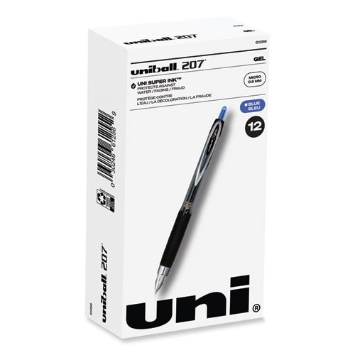Uniball® Signo 207 Gel Pen, Retractable, Micro 0.5 Mm, Blue Ink, Smoke/Black/Blue Barrel, Dozen