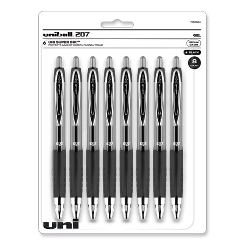 Uniball® Signo 207 Gel Pen, Retractable, Medium 0.7 Mm, Black Ink, Translucent Black Barrel, 8/Pack