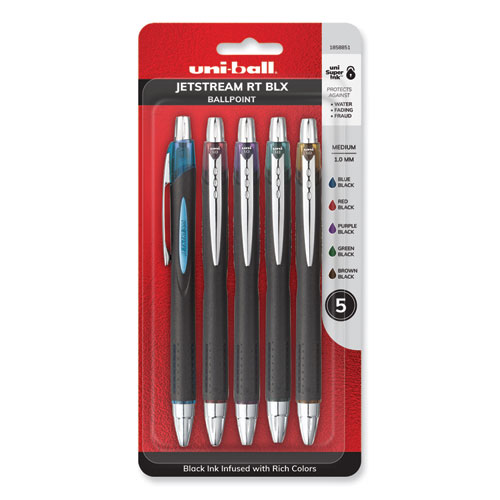 Uniball® Jetstream Retractable Ballpoint Pen, 1 Mm, Assorted Ink, Black Barrel, 5/Pack