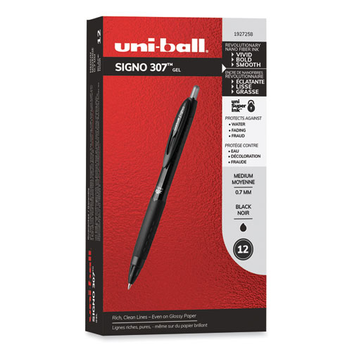 uniball® 307 Gel Pen, Retractable, Fine 0.5 mm, Black Ink, Black Barrel, Dozen