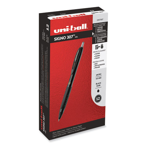 uniball® 307 Gel Pen, Retractable, Fine 0.5 mm, Black Ink, Black Barrel, Dozen