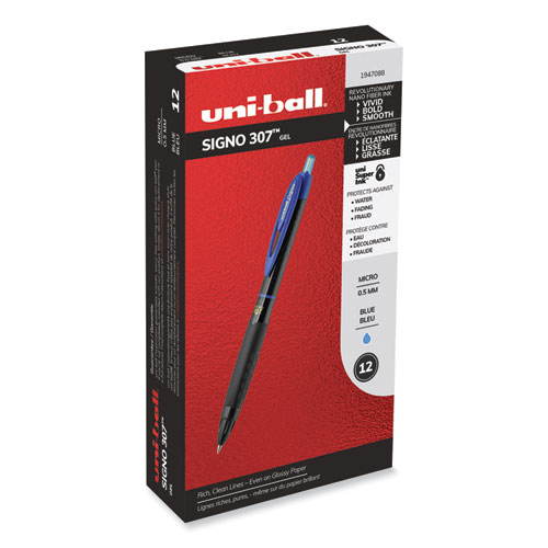 uniball® 307 Gel Pen, Retractable, Fine 0.5 mm, Blue Ink, Black Barrel,  Dozen