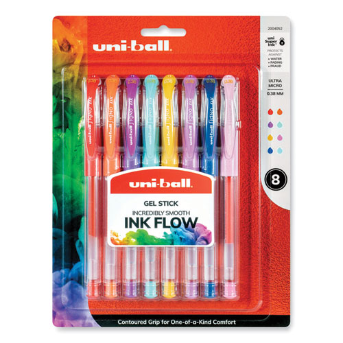 Uniball® Gel Pen, Stick, Micro 0.38 Mm, Assorted Ink Colors, Clear Barrel, 8/Pack