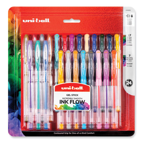 Image of Uniball® Gel Pen, Stick, Assorted Sizes, Assorted Ink Colors, Clear Barrel, 24/Pack