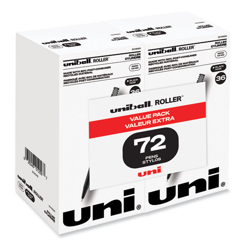 Uniball® Roller Ball Pen, Stick, Micro 0.5 Mm, Black Ink, Black Barrel, 72/Pack
