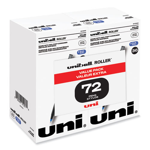 Uniball® Roller Ball Pen, Stick, Micro 0.5 Mm, Blue Ink, Black Barrel, 72/Pack