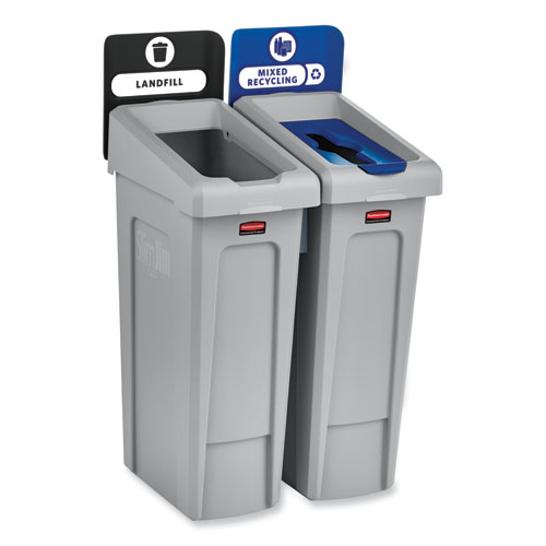 Image of Rubbermaid® Commercial Slim Jim Recycling Station Kit, 2-Stream Landfill/Mixed Recycling, 46 Gal, Plastic, Blue/Gray