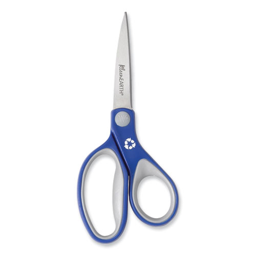 KleenEarth Soft Handle Scissors, Pointed Tip, 7" Long, 2.25" Cut Length, Blue/Gray Straight Handle