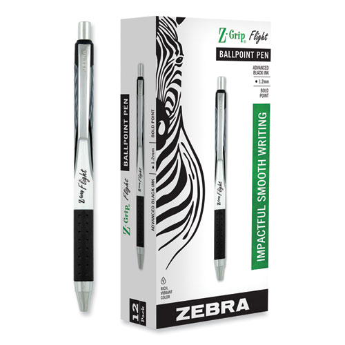 Image of Zebra® Z-Grip Flight Ballpoint Pen, Retractable, Bold 1.2 Mm, Black Ink, White Barrel, 12/Pack