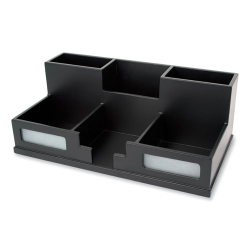 Midnight Black Desk Organizer with Smartphone Holder, 6 Compartments, Wood, 10.5 x 5.5 x 4