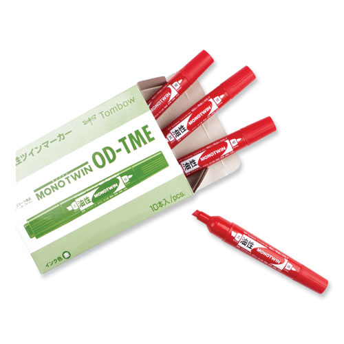 Image of Tombow® Mono Twin Bold Permanent Marker, Fine/Broad Tips, Red, 10/Box