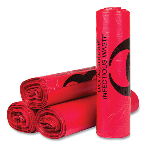 Biohazard High-Density Commercial Can Liners, 33 gal, 13 mic, 33" x 40", Red, 25 Bags/Roll, 20 Interleaved Rolls/Carton