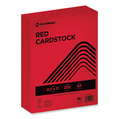 Color Cardstock, 65 lb Cover Weight, 8.5 x 11, Red, 250/Ream