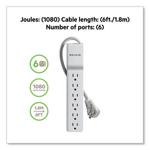 Image of Belkin® Home/Office Surge Protector With Rotating Plug, 6 Ac Outlets, 6 Ft Cord, 720 J, White