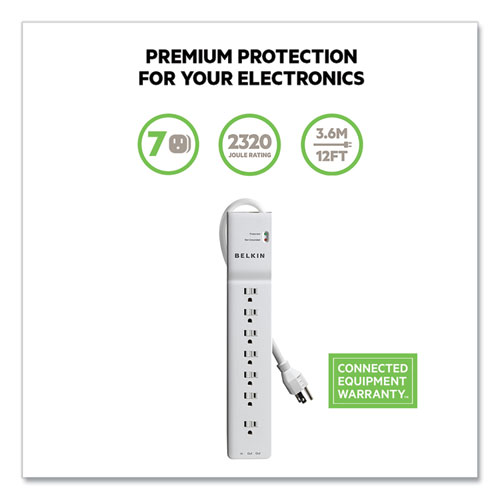 Image of Belkin® Home/Office Surge Protector, 7 Ac Outlets, 12 Ft Cord, 2,160 J, White