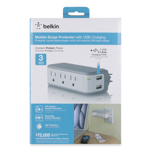 Image of Belkin® Surgeplus Usb Swivel Charger, 3 Ac Outlets/2 Usb Ports, 918 J, White