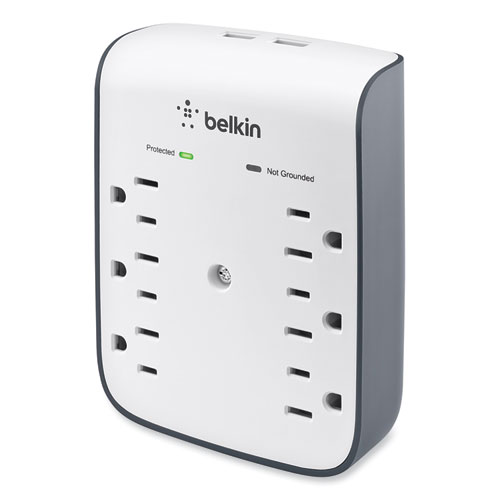 Belkin® Surgeplus Usb Wall Mount Charger, 6 Ac Outlets/2 Usb Ports, 900 J, White/Black
