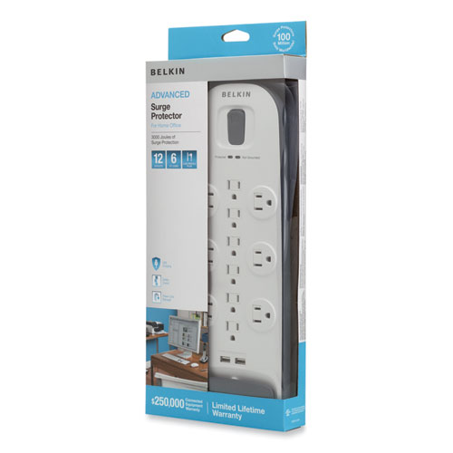 Image of Belkin® Home/Office Surge Protector, 12 Ac Outlets, 6 Ft Cord, 3,996 J, White/Black