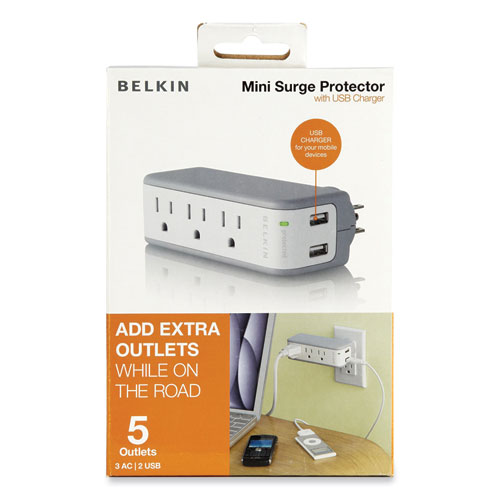 Image of Belkin® Wall Mount Surge Protector, 3 Ac Outlets/2 Usb Ports, 918 J, Gray/White