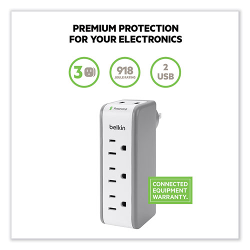 Image of Belkin® Wall Mount Surge Protector, 3 Ac Outlets/2 Usb Ports, 918 J, Gray/White