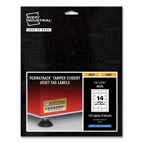 PermaTrack Tamper-Evident Asset Tag Labels, Laser Printers, 1.25 x 2.75, White, 14/Sheet, 8 Sheets/Pack