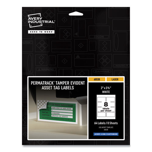 PermaTrack Tamper-Evident Asset Tag Labels, Laser Printers, 2 x 3.75, White, 8/Sheet, 8 Sheets/Pack