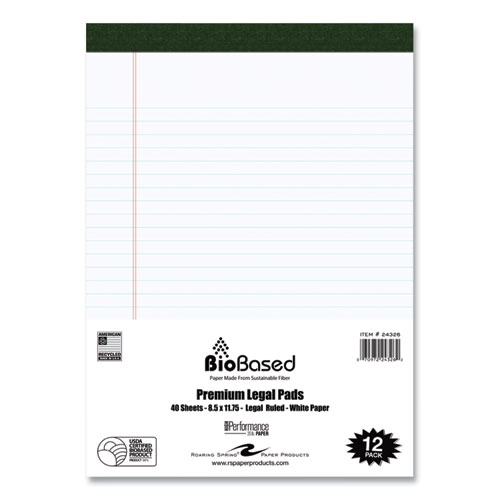 Roaring Spring® USDA Certified Bio-Preferred Legal Pad, Wide/Legal Rule, 40 White 8.5 x 11.75 Sheets, 12/Pack