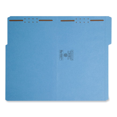 Image of Smead™ Top Tab Colored Fastener Folders, 0.75" Expansion, 2 Fasteners, Legal Size, Blue Exterior, 50/Box