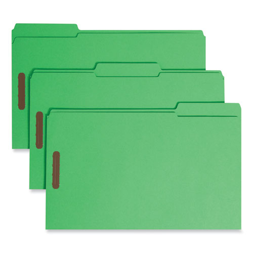 Top Tab Colored Fastener Folders, 0.75" Expansion, 2 Fasteners, Legal Size, Green Exterior, 50/Box