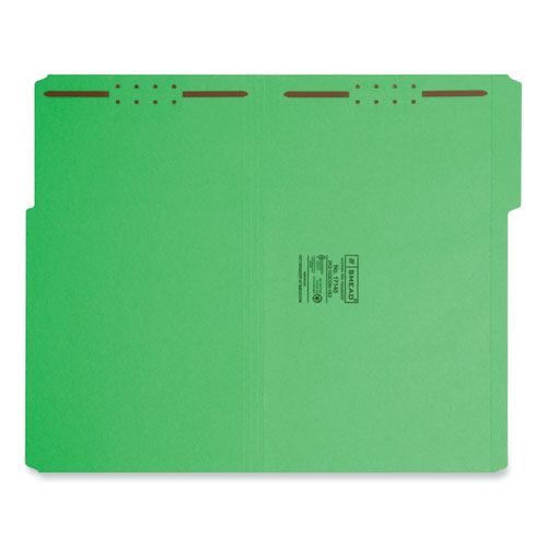 Image of Smead™ Top Tab Colored Fastener Folders, 0.75" Expansion, 2 Fasteners, Legal Size, Green Exterior, 50/Box