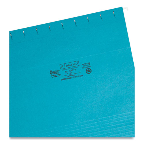 Colored Hanging File Folders with 1/5 Cut Tabs, Letter Size, 1/5-Cut Tabs, Teal, 25/Box