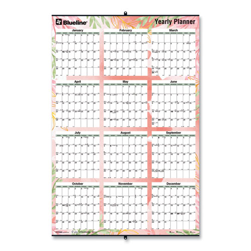 Image of Blueline® Yearly Laminated Wall Calendar, Tropical Watercolor Artwork, 36 X 24, White/Sand/Orange Sheets, 12-Month (Jan-Dec): 2024