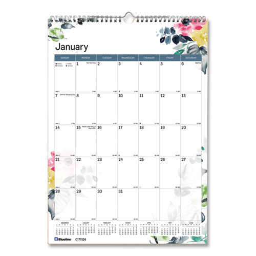 Blueline® 12-Month Colorful Wall Calendar, Watercolor Floral Artwork, 12 X 17, White/Multicolor Sheets, 12-Month (Jan To Dec): 2024