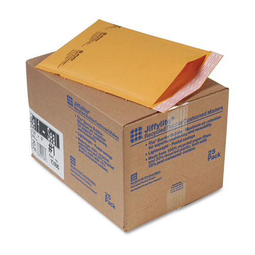 Sealed Air Jiffylite Self-Seal Bubble Mailer, #1, Barrier Bubble Lining, Self-Adhesive Closure, 7.25 x 12, Golden Brown Kraft, 25/Carton