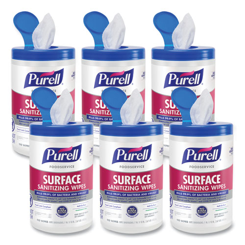 Purell® Foodservice Surface Sanitizing Wipes, 1-Ply, 10 X 7, Fragrance-Free, White, 110/Canister, 6 Canisters/Carton
